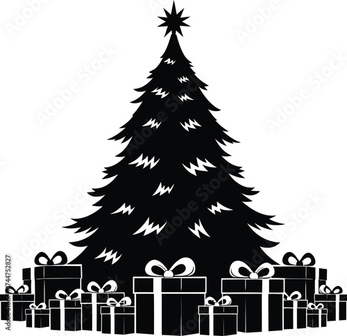 Festive Christmas tree adorned with gifts below, creating a joyous holiday scene.