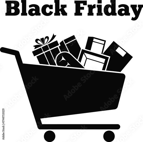 Black Friday shopping cart overflowing with gifts and presents, symbolizing consumerism and holiday sales.