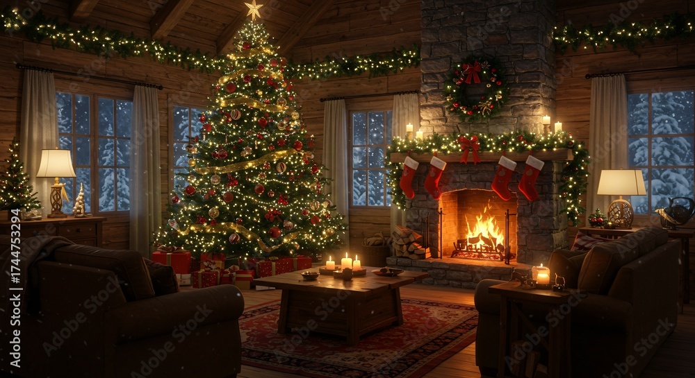 Obraz premium Cozy Christmas Cabin Interior With Fireplace And Decorated Tree Holiday Scene Warmth