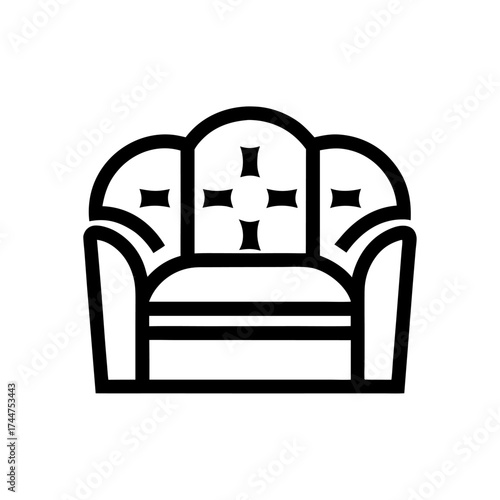 A simple line art icon of a classic two-seat sofa with armrests, representing comfort and home interior.