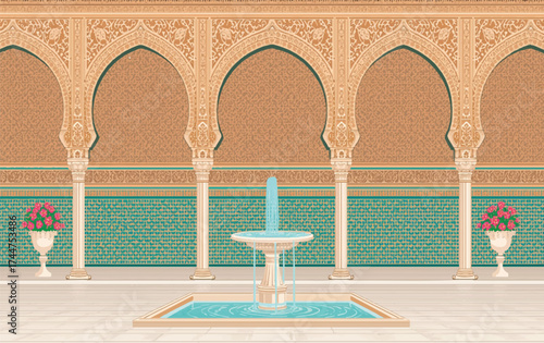 Vector art of rectangular fountain in a moorish courtyard with arched colonnade