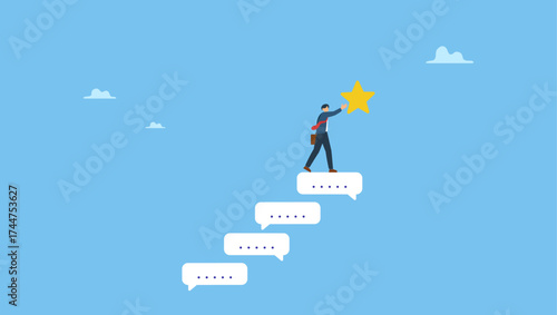 Businessman climb up conversation bubble to reach star. Communication for success, effective meeting or discussion to get solution and achieve target, meeting or conversation to reach goal.
