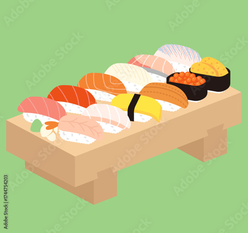 寿司下駄に盛り付けたお寿司のイラスト