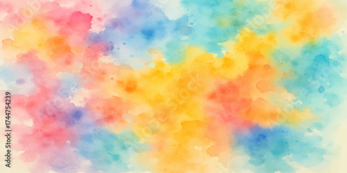 Abstract colourful watercolour art texture with orange and yellow paint brush strokes creating a cloud pattern design on paper illustration wallpaper backdrop