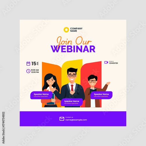 Modern webinar promo vector template for Instagram posts, editable speaker, date, and CTA button.
