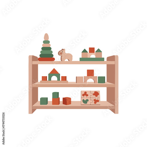 Childrens wooden educational toys neatly arranged on a shelf
