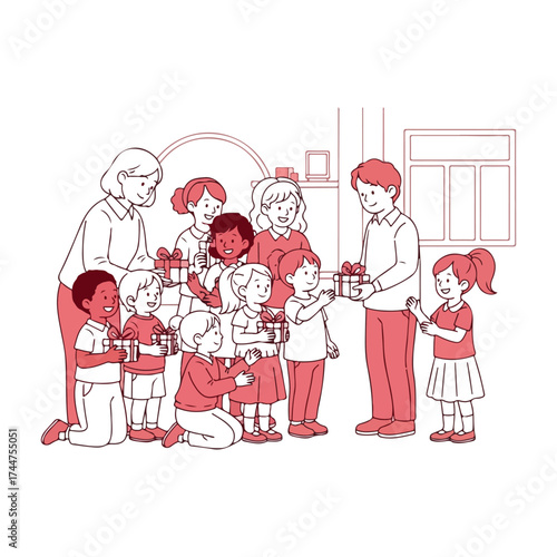 Children and adults happily exchanging gifts during a celebration