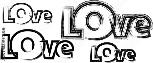 Four black and white grunge love word drawings on white background