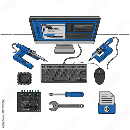 Electronic engineering workbench setup with essential tools
