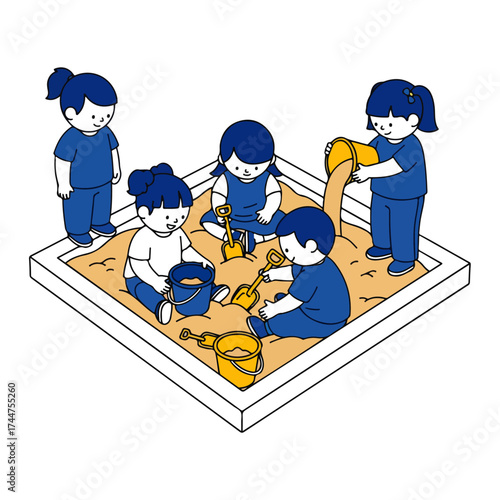 Group of happy children playing together in a sandbox