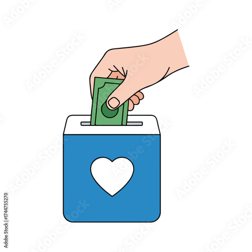 Hand Donating Money into a Blue Charity Box