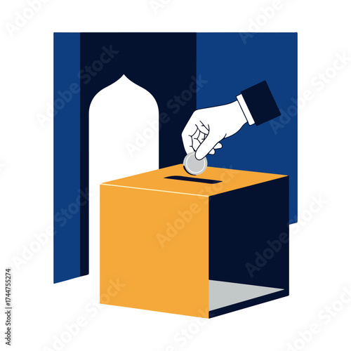 Hand dropping a silver coin into a donation box