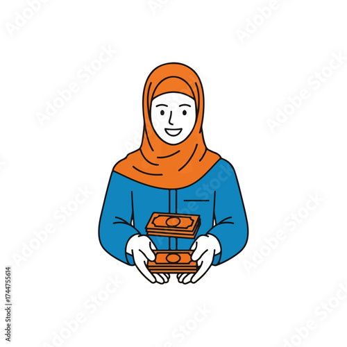 Smiling Muslim Woman Holding Two Stacks of Cash