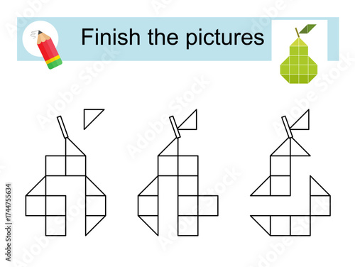 Activity for kids. Finish the pictures so that they all look the same. Cartoon pear.