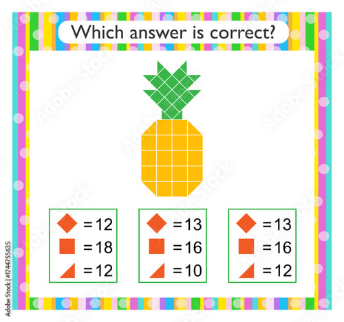 Math activity for kids. Find the correct answer. Cartoon ananas.