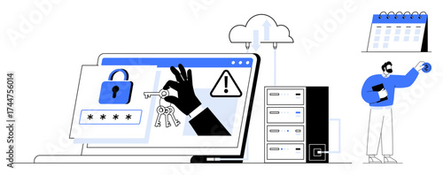 Laptop screen showing secure login with password input, lock, key, and warning graphics. Man interacting with cloud and calendar. Ideal for cybersecurity, login authentication, data protection, risk