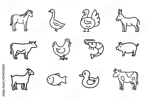 Animal icon set on white background. Symbol of horse, duck, chicken, shrimp, fish, goat, cow, goose, pig, donkey, and turkey. Livestock outline editable vector stock