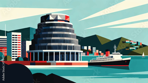Illustration Of The Unique Beehive Building And Harbor With Ships Vector Design Template