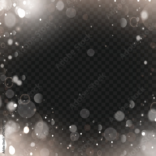 Elegant sparkling white and silver bokeh lights frame overlay. Vector illustration