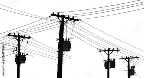 Black silhouette electricity poles with transformers and power lines on white background urban electrical energy distribution and infrastructure vector illustration