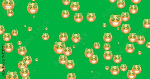 Digital animation of multiple money eyes face emoji against transparent background