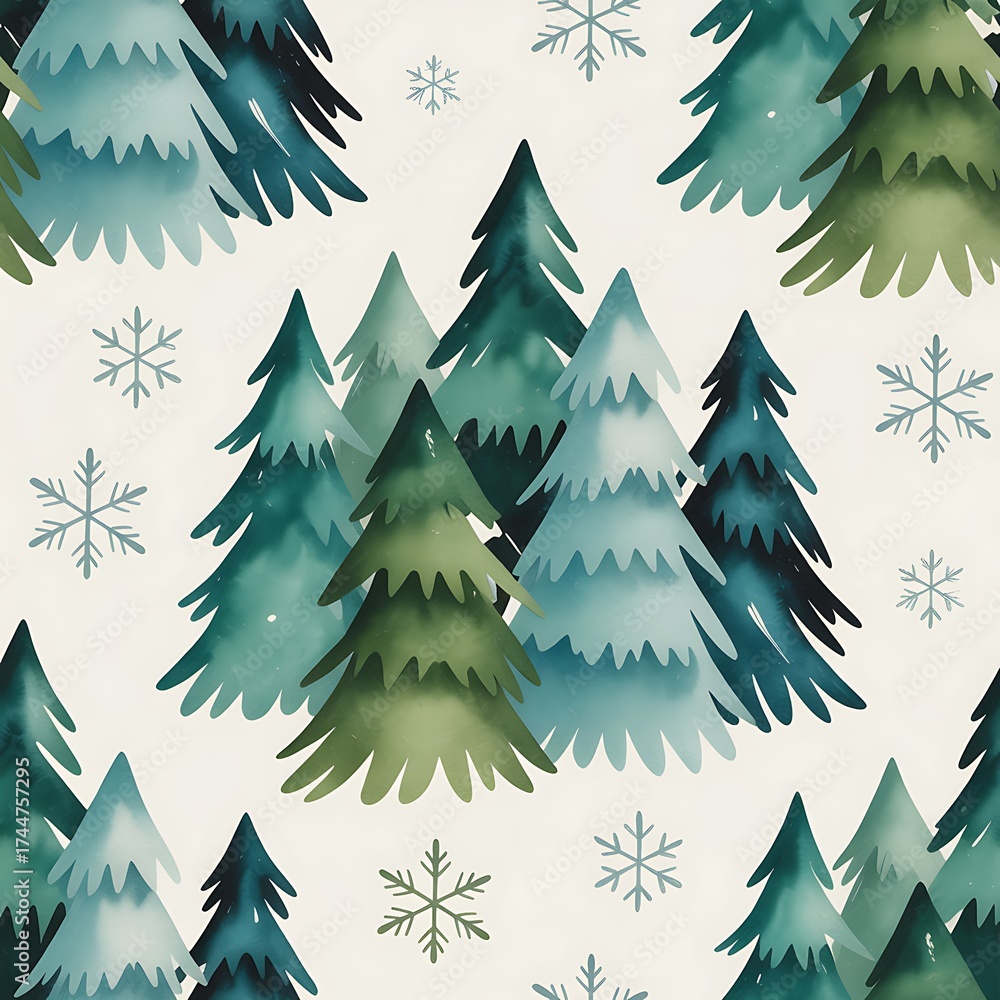 Obraz premium Watercolor christmas trees and snowflakes seamless pattern for festive winter holiday designs
