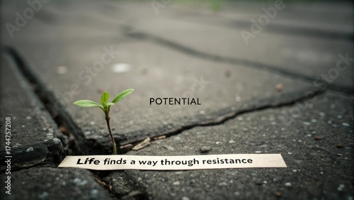 Fototapeta Naklejka Na Ścianę i Meble -  Vibrant green sprout pushing through a crack in dark concrete