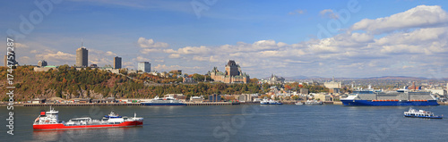 Quebec City skyline in autumn with Saint Lawrence River on the foreground, Canada