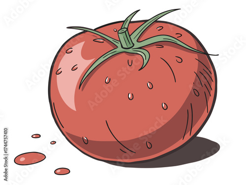 Tomato Illustration: A vibrant illustration of a fresh, ripe tomato, showcasing its juicy red flesh and fresh, green stem, a delightful visual for culinary and agricultural contexts.