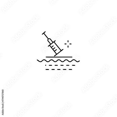 Injecting skin. Skin Injection Line Icon. Syringe and Structure of Skin Pictogram. Medical, Dermatology Treatment Vaccine, Filler, Hyaluronic Acid Symbol Collection isolated on white background.

