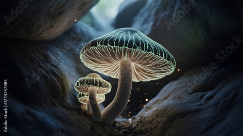Bioluminescent Fungus Glowing in Dark Cave
