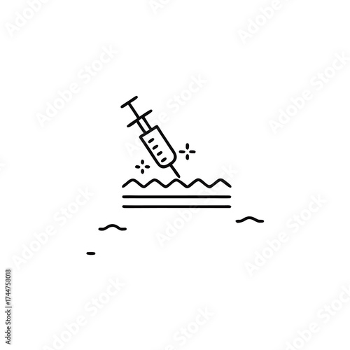Injecting skin. Skin Injection Line Icon. Syringe and Structure of Skin Pictogram. Medical, Dermatology Treatment Vaccine, Filler, Hyaluronic Acid Symbol Collection isolated on white background.

