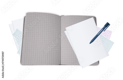 School notebook with short notes. Open book, blank page with pen. Learning, knowledge, writing down new ideas. Blank sheet, torn paper piece of bookmark. Contemporary collage art, halftone vector.	