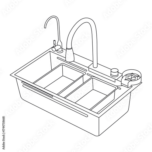 Double Bowl Kitchen Sink and Faucet System Isometric Line Art