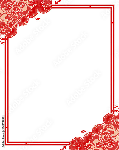 Red floral border with white and red lines on black background isolated on a transparent background