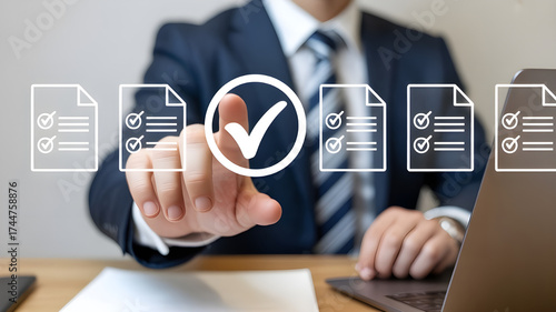 Business Professional Interacting with Virtual Checklist Interface