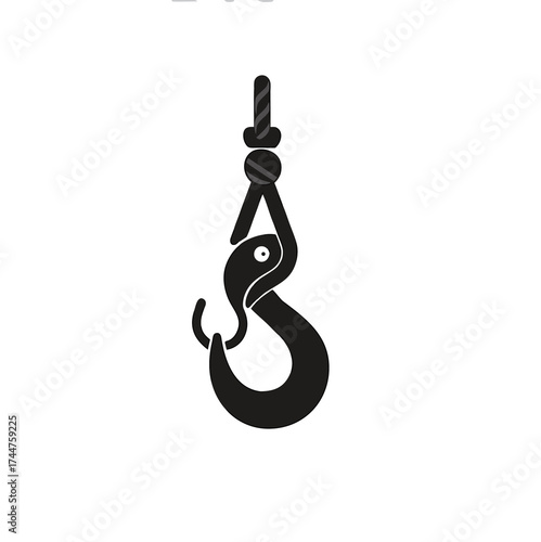 Lifting hook on white background. Black icon, lifting hook with rope. Lifting large loads. Industrial steel hook tower crane. Cran Icon, Tow Hook, Vector image.

