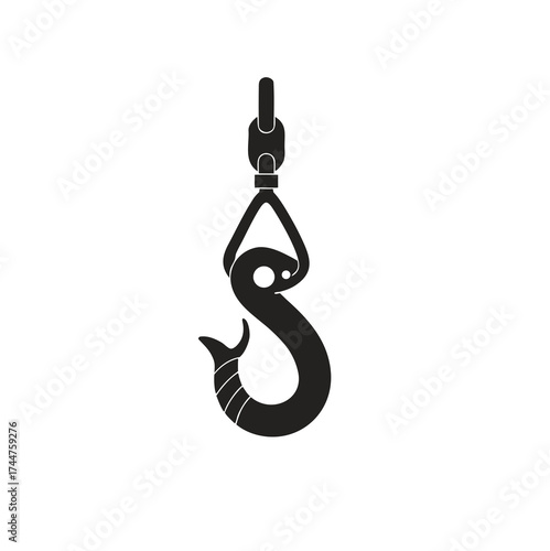 Lifting hook on white background. Black icon, lifting hook with rope. Lifting large loads. Industrial steel hook tower crane. Cran Icon, Tow Hook, Vector image.

