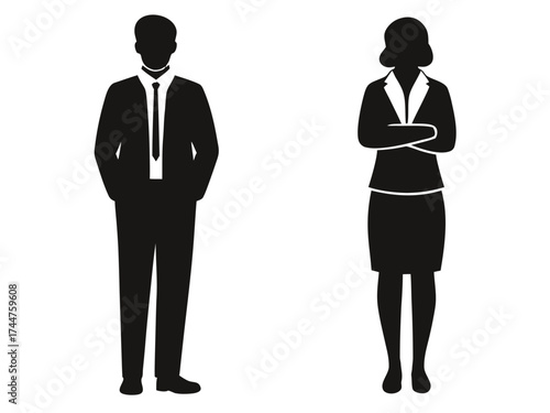 Vector illustration featuring black silhouettes of businessman and businesswoman in standing position, symbolizing professionalism, teamwork, leadership, and corporate business culture