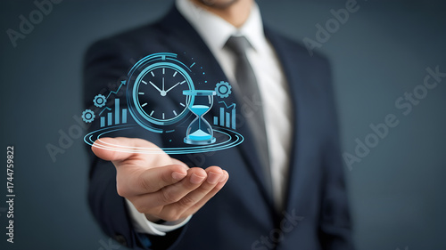 Business Professional with Holographic Time Management Icons
