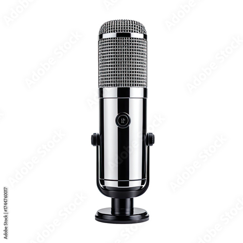 Chrome microphone with silver mesh capsule on a black background