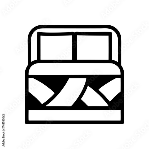 A line art bed with pillows and blanket, symbolizing sleep, rest, and bedroom furniture.