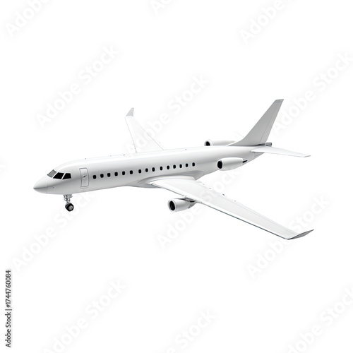 Sleek, white airplane soaring, isolated against a dark backdrop
