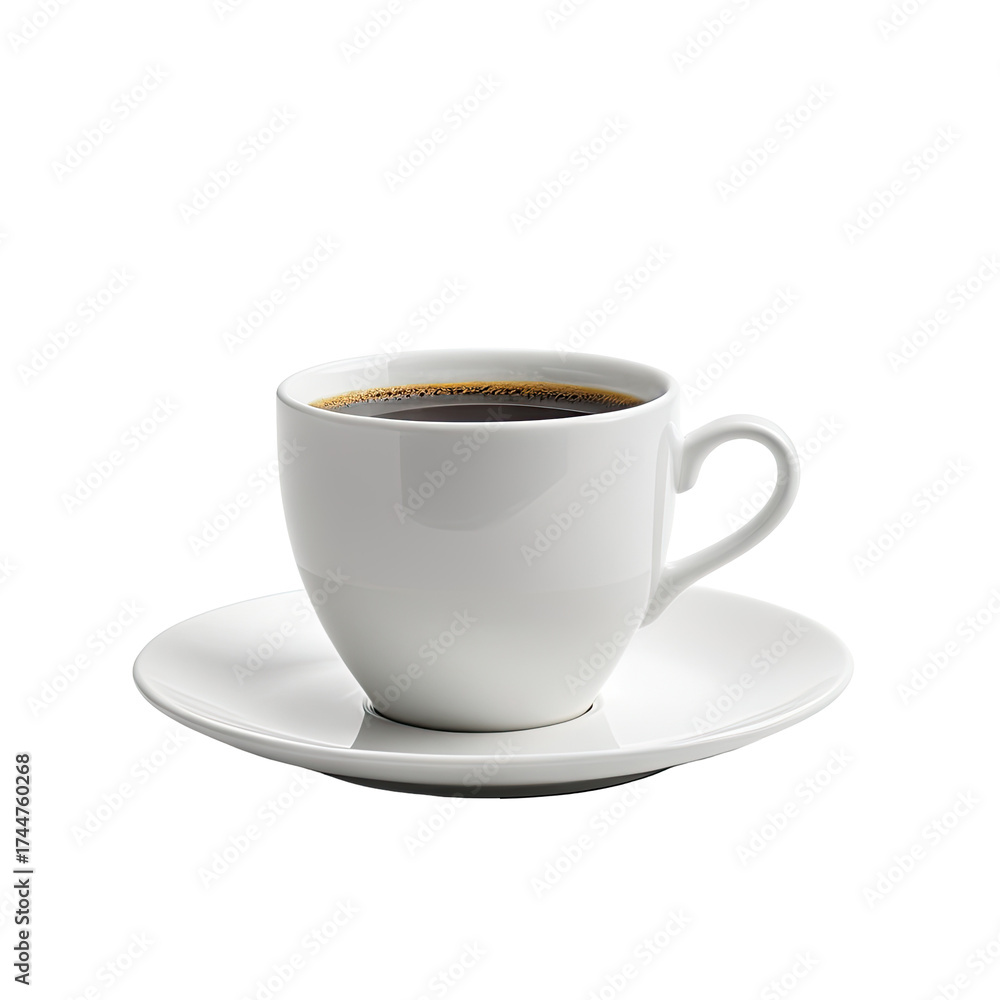 Fototapeta premium Coffee cup on saucer with dark liquid against black background