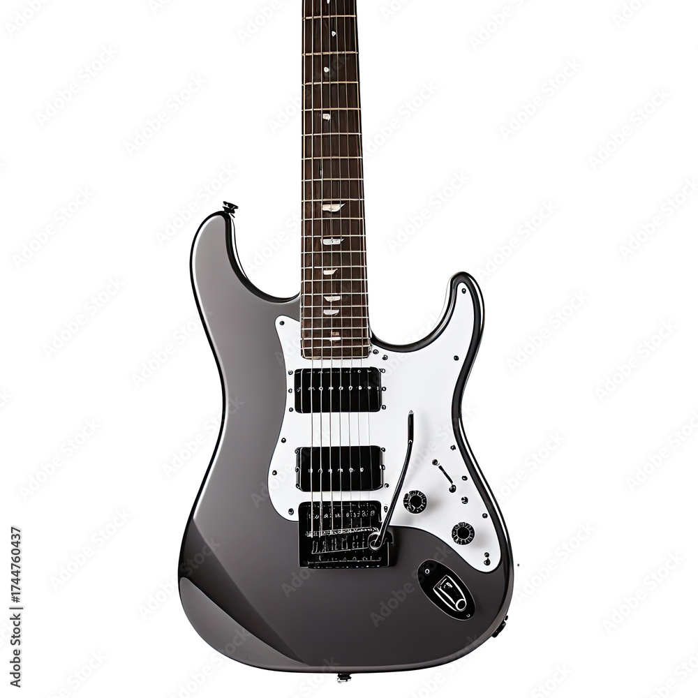 Naklejka premium Electric guitar featuring a sleek gray finish and white pickguard