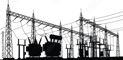 Black silhouette high voltage electrical substation with transformers power lines and pylons energy distribution and industrial infrastructure vector illustration