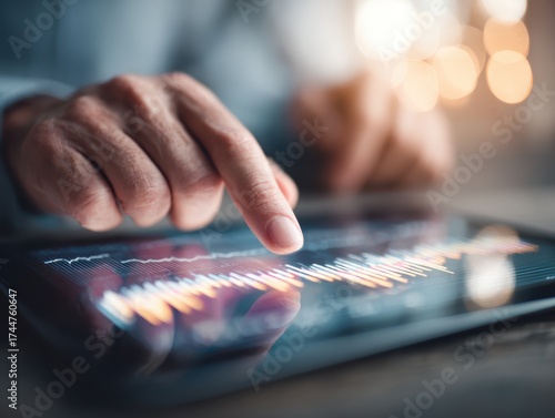 Data driven decision. A hand interacting with a touchscreen device displaying vibrant data visuals.