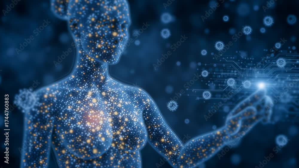 Digital human figures reaching towards glowing points of light in virtual environment. Enigmatic backdrop filled with data patterns and stars. Concept of technology, innovation, digital marketing