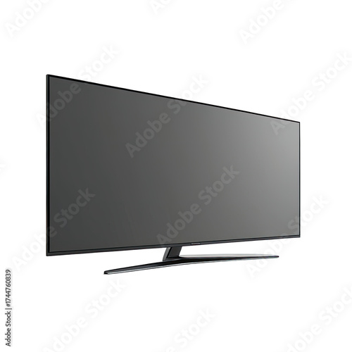 Large, wide-screen tv display on black stand, against a dark background