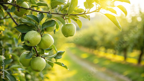 Foto Green Apple hanging tree in garden, Green Apples on tree branch in natural warm